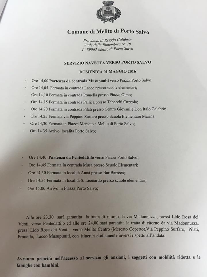 Melito, servizio navetta per processioni Maria SS Porto Salvo ...
