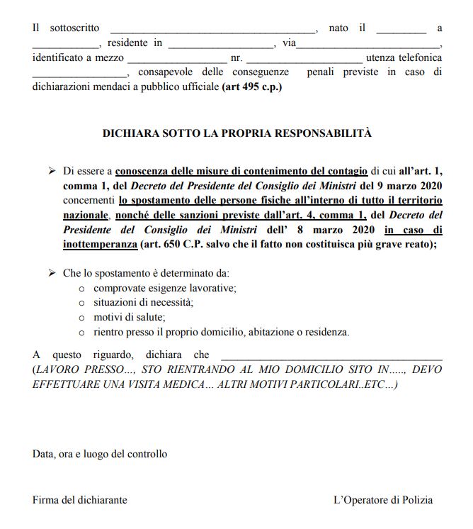 autocertificazione coronavirus