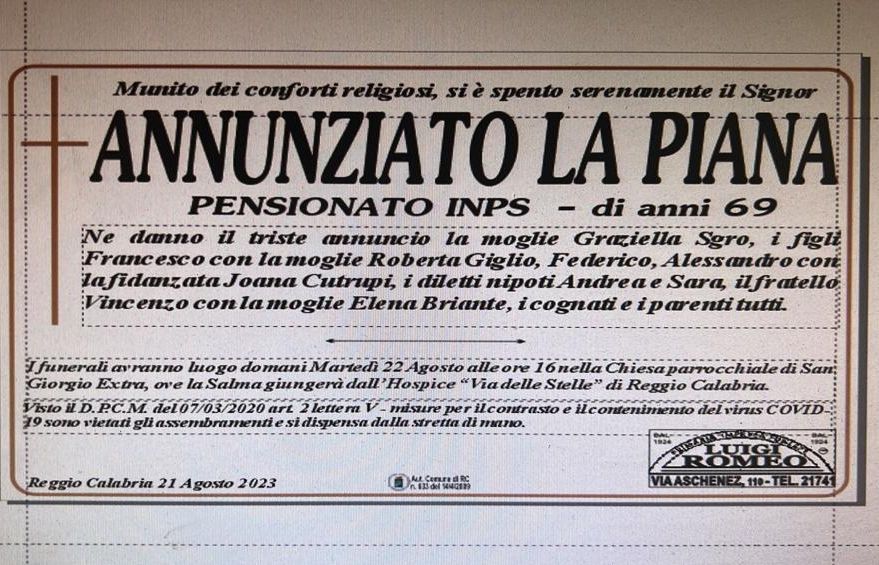 Annunziato La Piana funerali