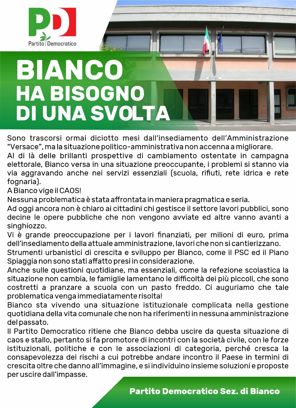 Il circolo PD di Bianco apre a tutte le realtà del territorio