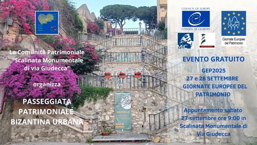 Locandina Passeggiata Patrimoniale Giudecca 27 settembre 2025 Un viaggio tra storia, identità e memoria Un percorso nel cuore del centro storico reggino, tra mosaici, reperti e testimonianze architettoniche. L’iniziativa, gratuita e aperta a tutti, intende valorizzare tracce bizantine spesso poco conosciute, ma di grande valore identitario. La Passeggiata nel quadro BRIA «Quest’anno la nostra passeggiata si inserisce nel primo Festival del Paesaggio Culturale Bizantino promosso da BRIA, che conta 32 eventi distribuiti tra Calabria, Sicilia, Puglia e vari Paesi del Mediterraneo come Grecia, Turchia, Portogallo e Spagna» spiega Simona Lanzoni, presidente della Comunità Patrimoniale di Via Giudecca e membro del direttivo di Byzantine Route International Association (BRIA). «Il filo conduttore bizantino porterà BRIA ad ottenere dal Consiglio d’Europa la certificazione di itinerario culturale internazionale. La nostra passeggiata si colloca in questo grande progetto, con il sostegno della piattaforma Faro Italia, dedicata alle comunità patrimoniali italiane». L’itinerario Il percorso partirà alle ore 9:00 dalla Scalinata Monumentale di Via Giudecca e comprenderà: Piccolo Museo San Paolo – visita alle icone bizantine; Chiesa degli Ottimati – mosaici pavimentali di Santa Maria di Terreti, studi di Paolo Orsi e ricordo dello storico Franco Arillotta; Castello Aragonese – con impianto originario bizantino; Chiesa di San Giorgio al Corso – ruderi della Basilica di Santa Maria della Vittoria. La conclusione sarà musicale, con Antonino e Francesco Stillittano (padre e figlio di Mosorrofa): il primo costruttore artigianale della lira calabrese, il secondo musicista. Il percorso ad anello terminerà intorno alle ore 12, nuovamente in via Giudecca. GEP, patrimonio e identità La passeggiata si inserisce nel tema GEP 2025, “Architettura: l’arte di costruire”, e invita a riflettere sul valore del paesaggio culturale bizantino, che comprende non solo edifici e chiese, ma anche mosaici, icone, strumenti musicali, manoscritti e riti. «Questa è la nostra terza partecipazione alle GEP come Comunità Patrimoniale – ricorda la Lanzoni – e ogni anno proponiamo un evento culturale, storico e identitario, in linea con la nostra storia bizantina e con il progetto internazionale di BRIA». Memoria e futuro Con questa iniziativa, la Comunità di Via Giudecca rinnova il suo impegno a far rivivere la storia e costruire nuove connessioni culturali tra passato e presente. Locandina Passeggiata Patrimoniale Giudecca 27 settembre 2025